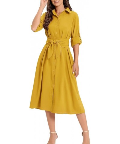 Women's Casual Button Down Belted Shirt Dress Long Sleeve Flowy A Line Dresses with Pockets Yellow $27.55 Dresses