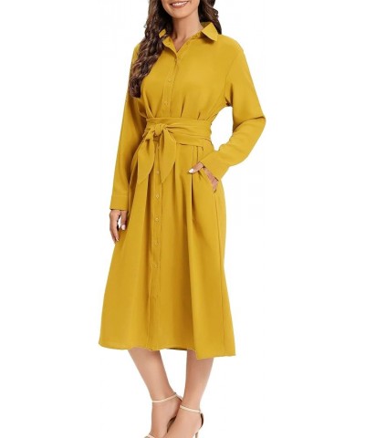 Women's Casual Button Down Belted Shirt Dress Long Sleeve Flowy A Line Dresses with Pockets Yellow $27.55 Dresses