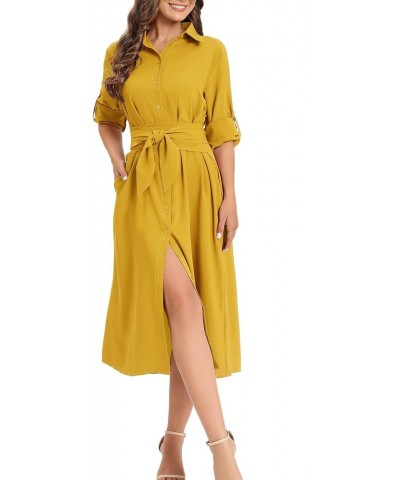 Women's Casual Button Down Belted Shirt Dress Long Sleeve Flowy A Line Dresses with Pockets Yellow $27.55 Dresses