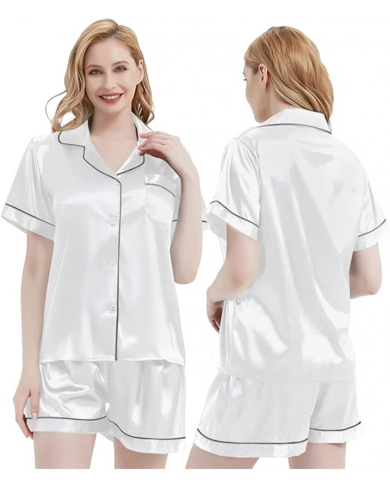 Women's Silky Satin Pajamas Sleepwear Short and Long Button-Down Pj Set White01 $9.14 Sleep & Lounge