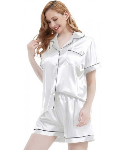 Women's Silky Satin Pajamas Sleepwear Short and Long Button-Down Pj Set White01 $9.14 Sleep & Lounge