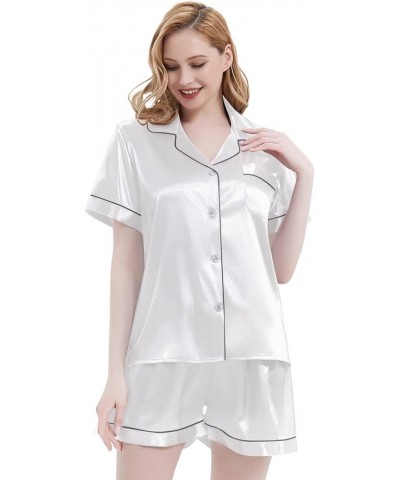 Women's Silky Satin Pajamas Sleepwear Short and Long Button-Down Pj Set White01 $9.14 Sleep & Lounge