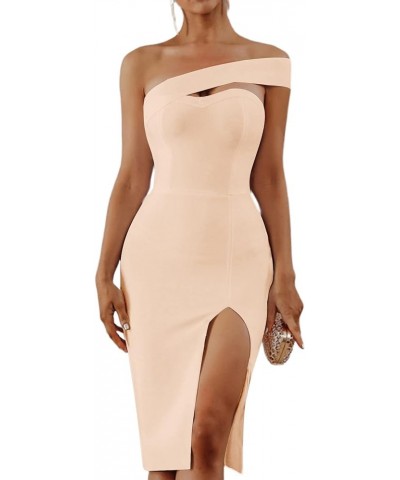 Women's One Shoulder Elegant Cutout Split Slit Sleeveless Midi Dress Beige $25.51 Dresses