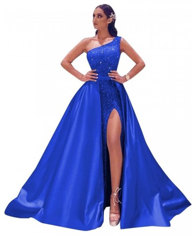 One Shoulder Sequin Prom Dresses 2024 Long Sparkly Satin Mermaid Formal Evening Party Gowns with Slit Royal Blue $33.75 Dresses