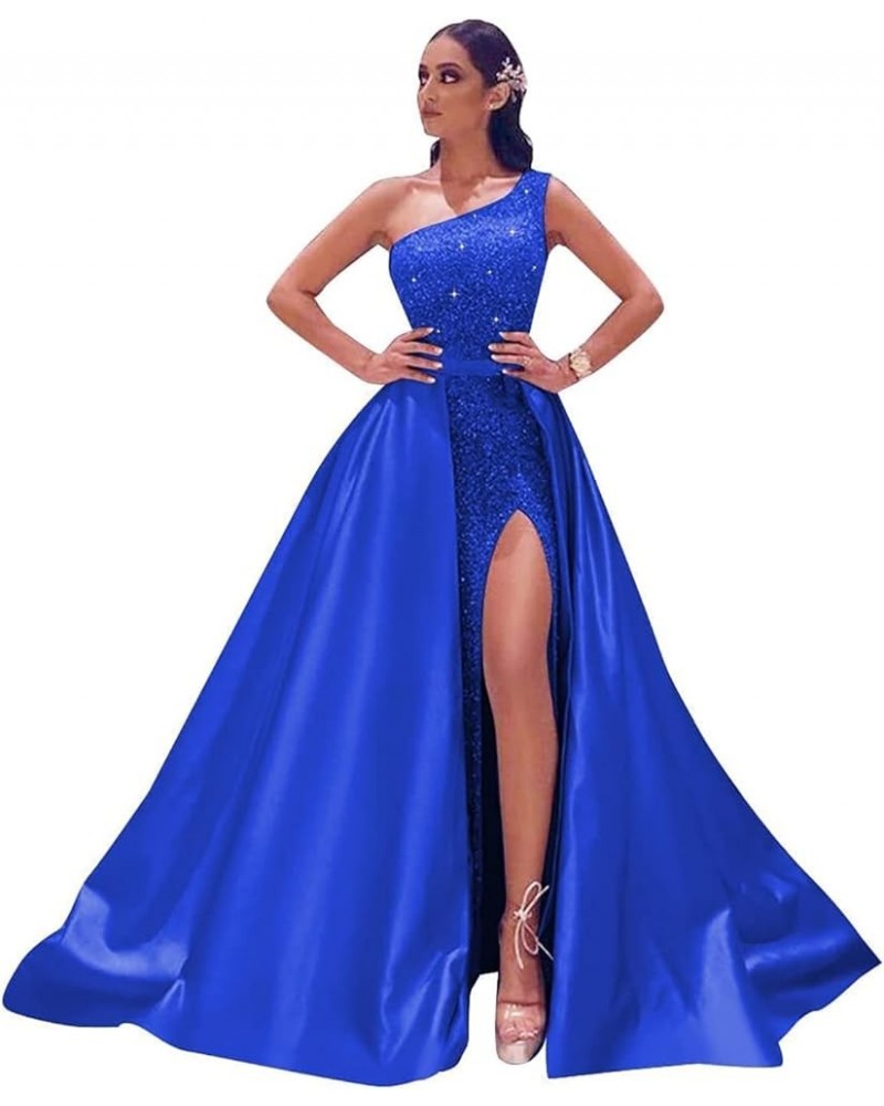 One Shoulder Sequin Prom Dresses 2024 Long Sparkly Satin Mermaid Formal Evening Party Gowns with Slit Royal Blue $33.75 Dresses