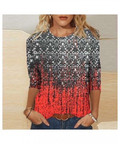 3/4 Length Sleeve Womens T Shirts 2024 Casual Summer Tops Round Neck Floral Print Pullover Dressy Loose Fit Tshirt 06 Red $7....