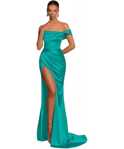 One Shoulder Bridesmaid Dresses 2024 Mermaid Satin Prom Dresses Pleated Formal Evening Gowns with Slit UU41 Turquoise $22.88 ...