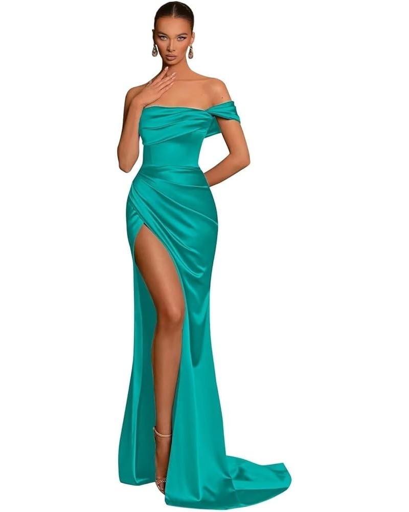 One Shoulder Bridesmaid Dresses 2024 Mermaid Satin Prom Dresses Pleated Formal Evening Gowns with Slit UU41 Turquoise $22.88 ...