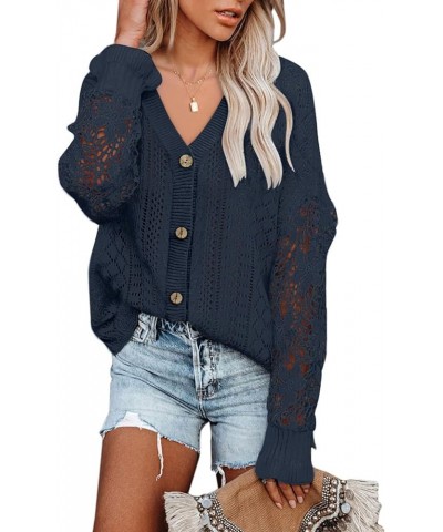 Crochet Lace V Neck Long Sleeve Hollow Out Cable Knit Cardigan for Women Sweaters Tops A Dark Blue $26.09 Sweaters