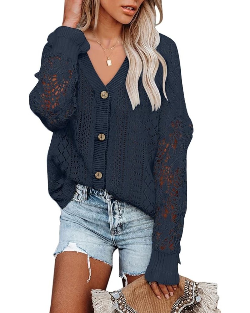 Crochet Lace V Neck Long Sleeve Hollow Out Cable Knit Cardigan for Women Sweaters Tops A Dark Blue $26.09 Sweaters