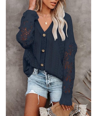 Crochet Lace V Neck Long Sleeve Hollow Out Cable Knit Cardigan for Women Sweaters Tops A Dark Blue $26.09 Sweaters