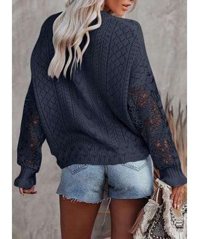 Crochet Lace V Neck Long Sleeve Hollow Out Cable Knit Cardigan for Women Sweaters Tops A Dark Blue $26.09 Sweaters