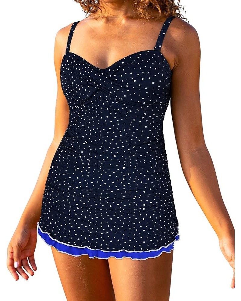 Women's One Piece Swimdress Tummy Control Bathing Suit Front Cross Monokini Ruffled Hem Swimsuits Swim Dress Irregular Dot Na...