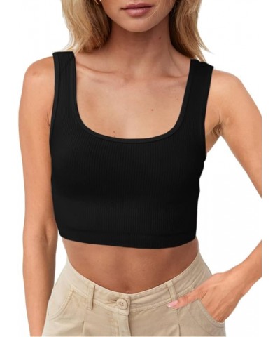 Womens 3 Pack Summer Square Neck Workout Tops Ribbed Basic Tank Crop Tops One Piece-black $11.50 Tanks