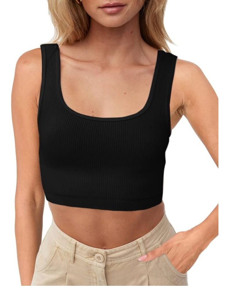 Womens 3 Pack Summer Square Neck Workout Tops Ribbed Basic Tank Crop Tops One Piece-black $11.50 Tanks