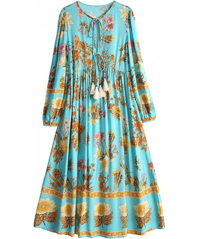 Women's Boho Dress Long Sleeve Floral Printed Retro V Neck Loose Tassel Bohemian Midi Dresses 5017 green $8.40 Dresses