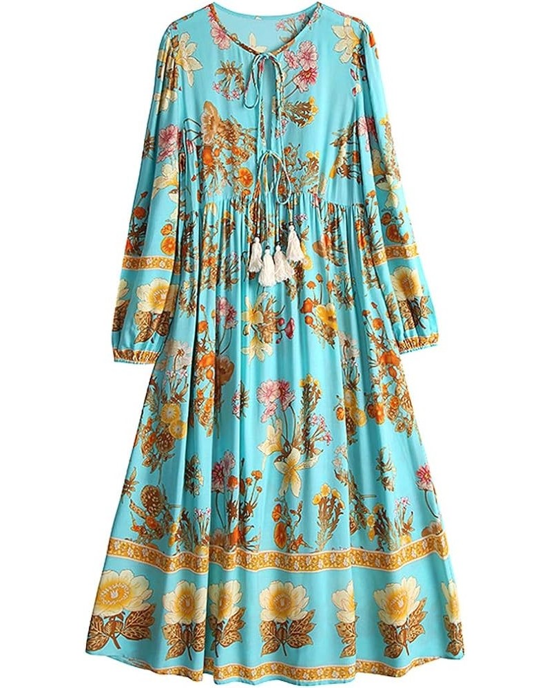 Women's Boho Dress Long Sleeve Floral Printed Retro V Neck Loose Tassel Bohemian Midi Dresses 5017 green $8.40 Dresses