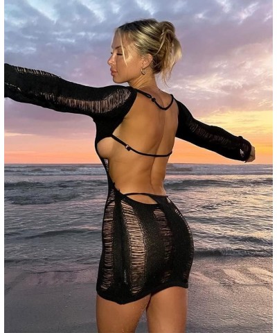 Women Crochet Knit Dress Hollow Out Swimsuit Cover Ups Low Cut Halter Beach Dresses Sundress Hollow Black $16.80 Swimsuits