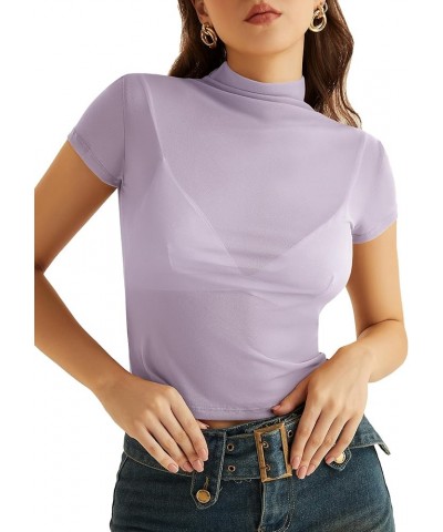 Women Mesh Top Workout Sheer See Through Tops Y2k Sexy Crop Turtleneck Trendy Party Club Night Going Out Shirts A1_light Purp...