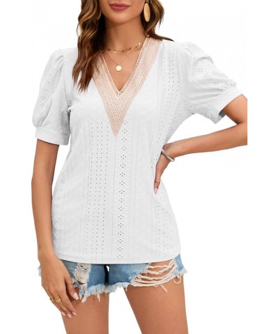 Women's Summer Dressy Tops Casual Country V Neck Tee Shirts Puff Sleeve Guipure Lace Fashion Loose Blouse White $8.24 Blouses