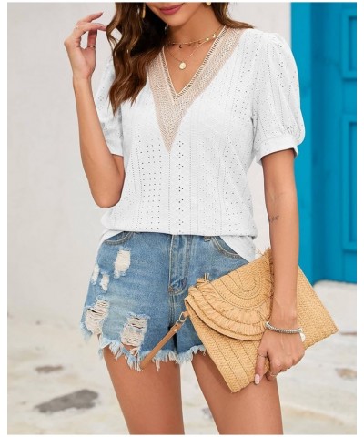 Women's Summer Dressy Tops Casual Country V Neck Tee Shirts Puff Sleeve Guipure Lace Fashion Loose Blouse White $8.24 Blouses