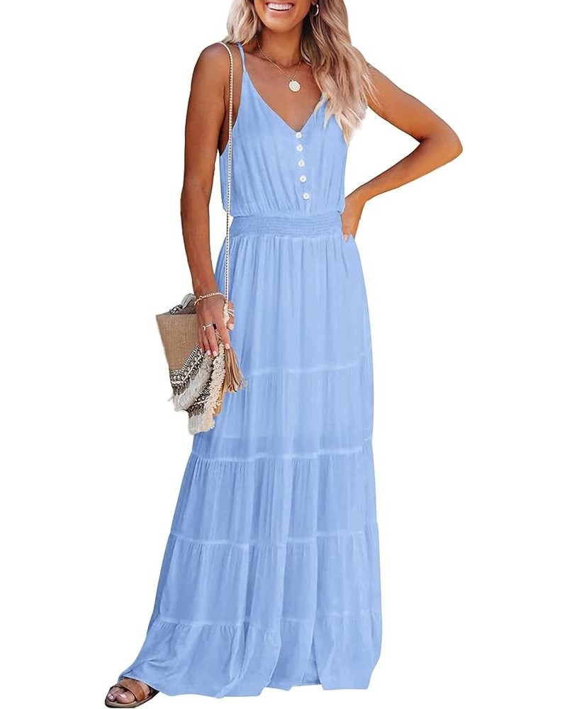 Women's Casual Summer Dress Spaghetti Strap Sleeveless High Waist Beach Long Maxi Sun Dresses Light Blue $22.44 Dresses