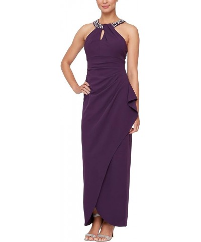 Women's Long Crepe Dress with Embellished Halter Neckline Summer Plum $37.20 Dresses