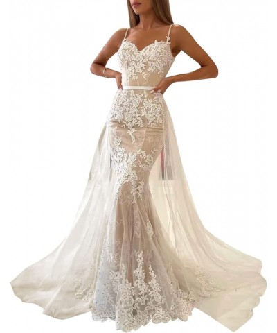 Mermaid Prom Dresses with Detachable Tulle Train for Women Spaghetti Strap Lace Evening Gowns Champagne $48.44 Dresses