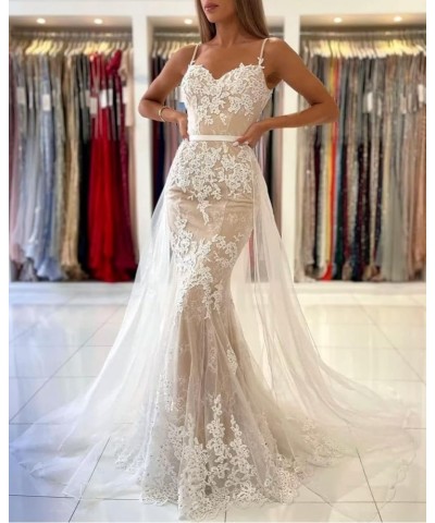 Mermaid Prom Dresses with Detachable Tulle Train for Women Spaghetti Strap Lace Evening Gowns Champagne $48.44 Dresses