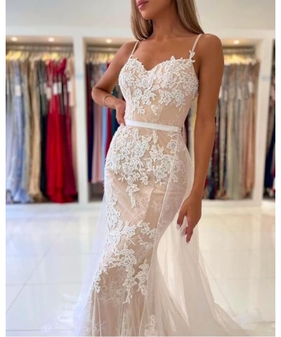 Mermaid Prom Dresses with Detachable Tulle Train for Women Spaghetti Strap Lace Evening Gowns Champagne $48.44 Dresses