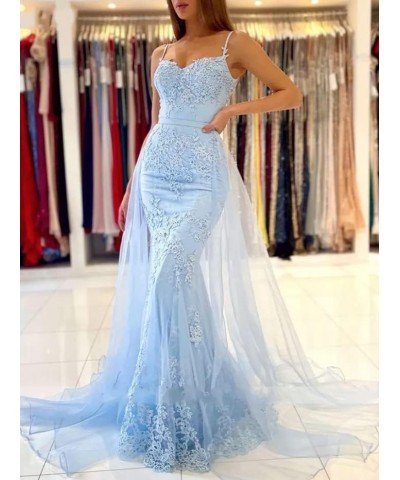 Mermaid Prom Dresses with Detachable Tulle Train for Women Spaghetti Strap Lace Evening Gowns Champagne $48.44 Dresses