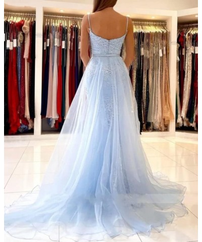 Mermaid Prom Dresses with Detachable Tulle Train for Women Spaghetti Strap Lace Evening Gowns Champagne $48.44 Dresses