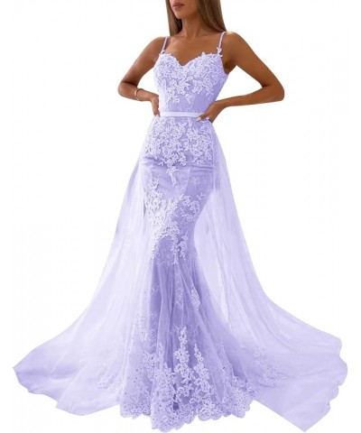 Mermaid Prom Dresses with Detachable Tulle Train for Women Spaghetti Strap Lace Evening Gowns Champagne $48.44 Dresses