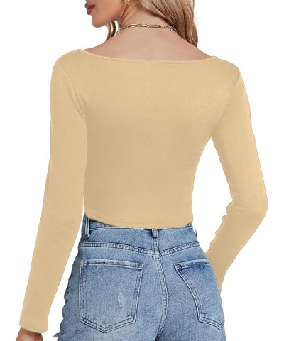 Women's Square Neck Cropped Long Sleeve Top Asymmetrical Hem Slim Fit Tee Shirt Beige $9.68 T-Shirts