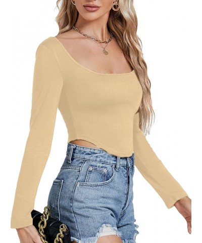 Women's Square Neck Cropped Long Sleeve Top Asymmetrical Hem Slim Fit Tee Shirt Beige $9.68 T-Shirts