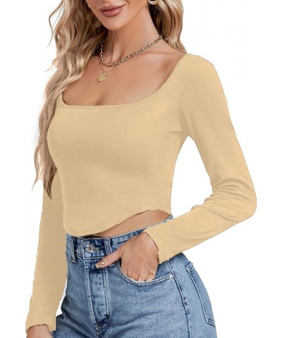 Women's Square Neck Cropped Long Sleeve Top Asymmetrical Hem Slim Fit Tee Shirt Beige $9.68 T-Shirts