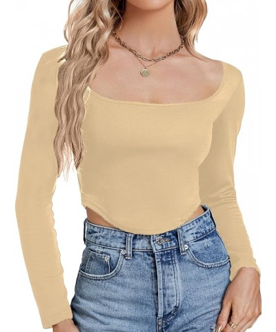 Women's Square Neck Cropped Long Sleeve Top Asymmetrical Hem Slim Fit Tee Shirt Beige $9.68 T-Shirts