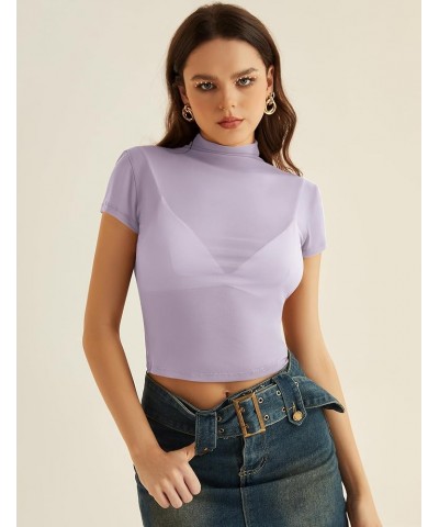 Women Mesh Top Workout Sheer See Through Tops Y2k Sexy Crop Turtleneck Trendy Party Club Night Going Out Shirts A1_light Purp...