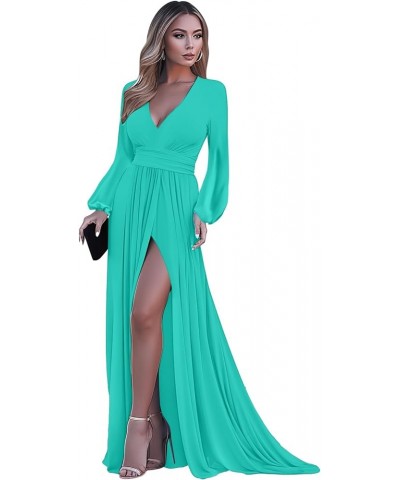 Puffy Long Sleeve Prom Dresses for Women Ball Gown with Slit V Neck Evening Gowns with Pockets YG253 Turquoise $32.99 Dresses