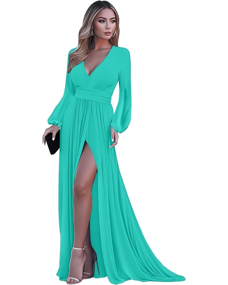 Puffy Long Sleeve Prom Dresses for Women Ball Gown with Slit V Neck Evening Gowns with Pockets YG253 Turquoise $32.99 Dresses