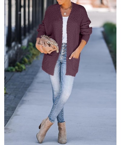 Women's 2024 Fall Winter Popcorn Long Sleeve Open Front Chunky Knit Oversized Cardigan Sweater Coat Maroon $22.78 Sweaters