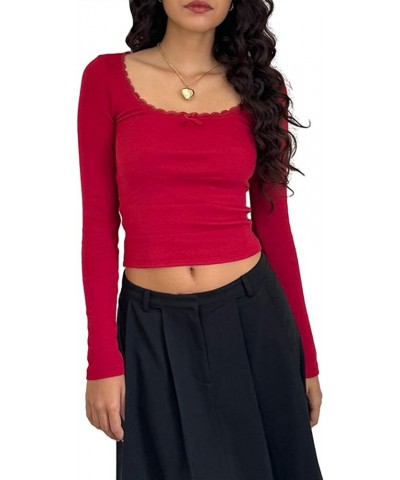 Women Y2K Skinny Long Sleeve Crop Top Square Neck Low Cut Basic Tee Ribbed Slim Fitted Pullovers Tops M-u Crop Top Red $8.84 ...