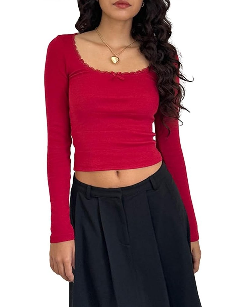 Women Y2K Skinny Long Sleeve Crop Top Square Neck Low Cut Basic Tee Ribbed Slim Fitted Pullovers Tops M-u Crop Top Red $8.84 ...