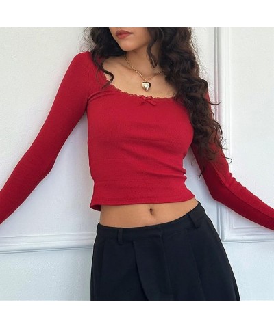 Women Y2K Skinny Long Sleeve Crop Top Square Neck Low Cut Basic Tee Ribbed Slim Fitted Pullovers Tops M-u Crop Top Red $8.84 ...