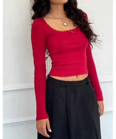 Women Y2K Skinny Long Sleeve Crop Top Square Neck Low Cut Basic Tee Ribbed Slim Fitted Pullovers Tops M-u Crop Top Red $8.84 ...