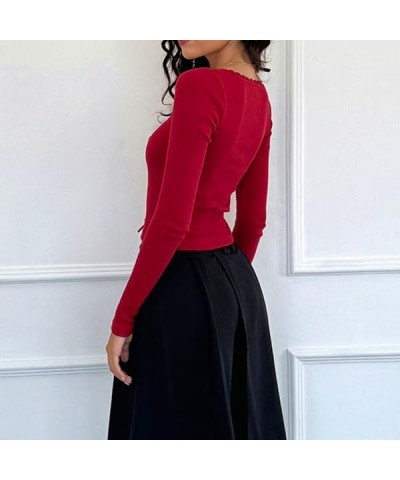 Women Y2K Skinny Long Sleeve Crop Top Square Neck Low Cut Basic Tee Ribbed Slim Fitted Pullovers Tops M-u Crop Top Red $8.84 ...