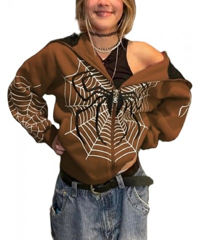 Women Y2K Spider Web Hoodies Goth Harajuku Punk Jacket Fall Streetwear Oversized Vintage Graphic Full Zip Up Hoodie Brown $11...