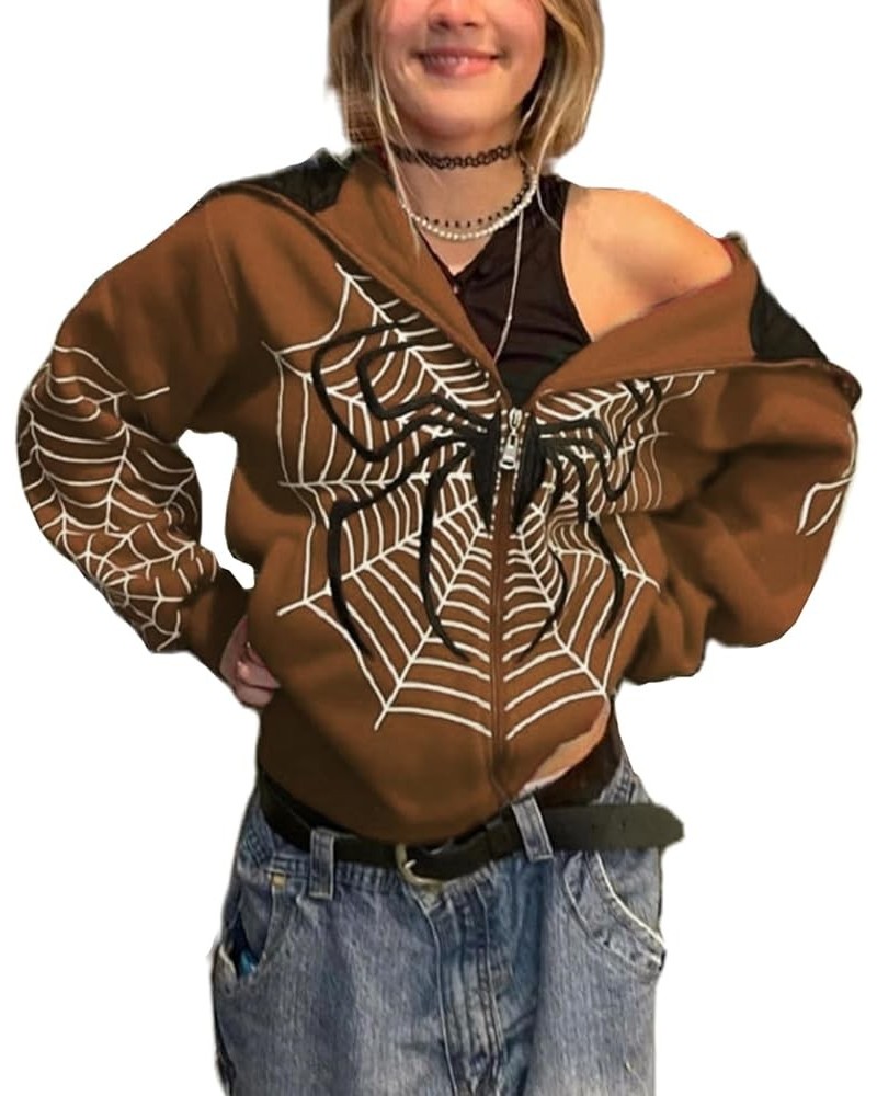 Women Y2K Spider Web Hoodies Goth Harajuku Punk Jacket Fall Streetwear Oversized Vintage Graphic Full Zip Up Hoodie Brown $11...