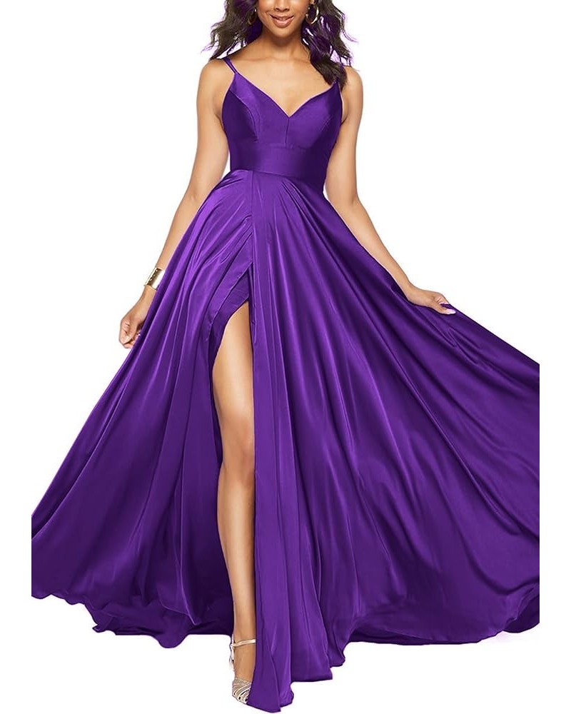 Long Prom Dresses for Women Spaghetti Strap A Line Satin Formal Evening Party Gown with Slit WH22 Dark Purple $33.59 Dresses