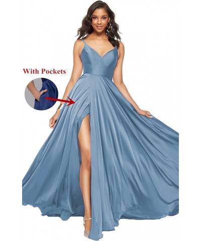 Long Prom Dresses for Women Spaghetti Strap A Line Satin Formal Evening Party Gown with Slit WH22 Dark Purple $33.59 Dresses